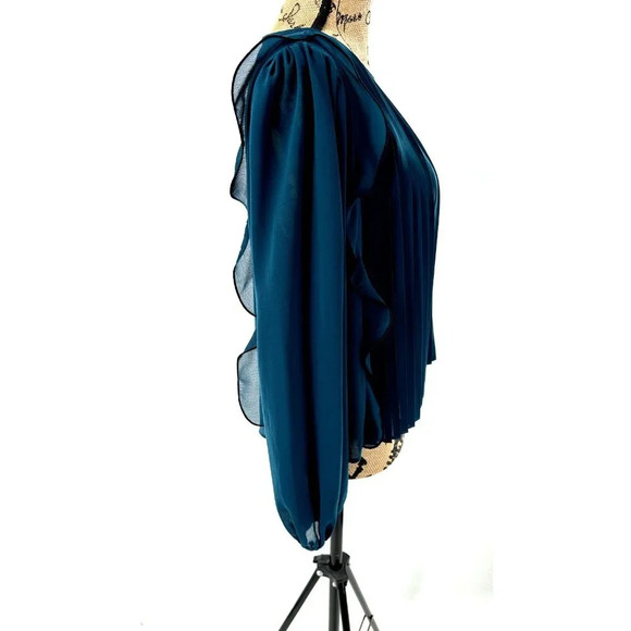 Zara Top Women XS Teal‎ Pleated Ruffle Accents Semi Sheer Business Casual Church - Picture 3 of 7
